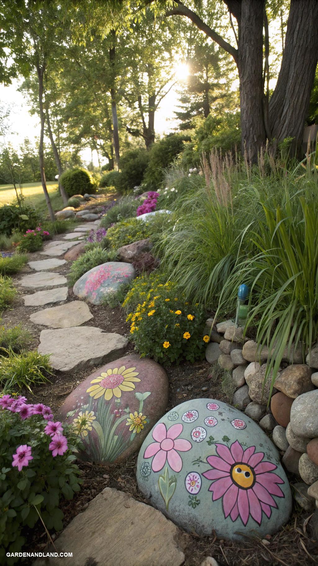 rock garden borders Painted rocks creating whimsical pathways