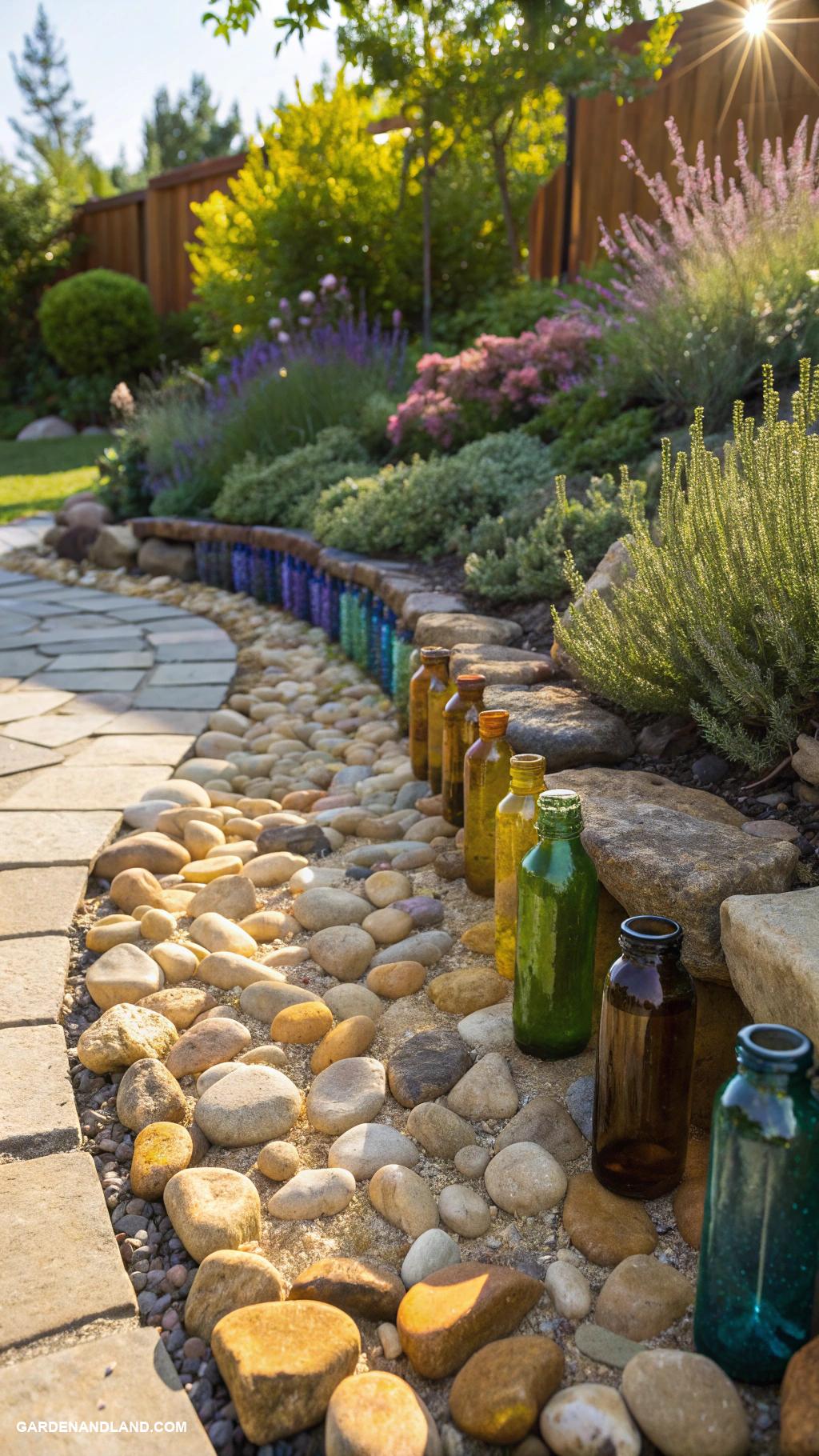 rock garden borders Recycled glass bottles for a colorful edge