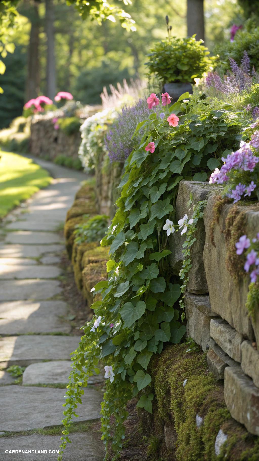 rock garden borders Spillover plants cascading over stone walls