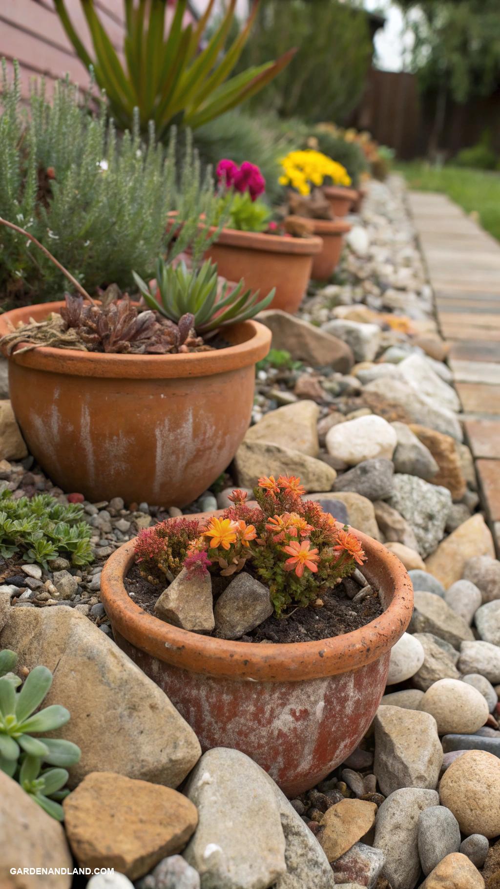 rock garden borders Terracotta pots embedded in rocky soil