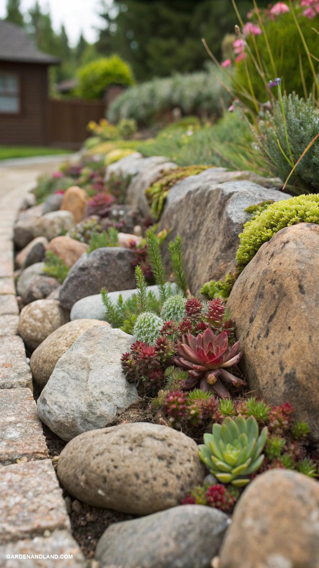 rock garden borders Weathered stones with vibrant succulents between