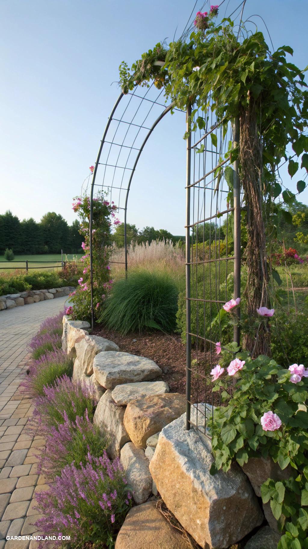 rock garden borders Wire fencing adorned with climbing vines