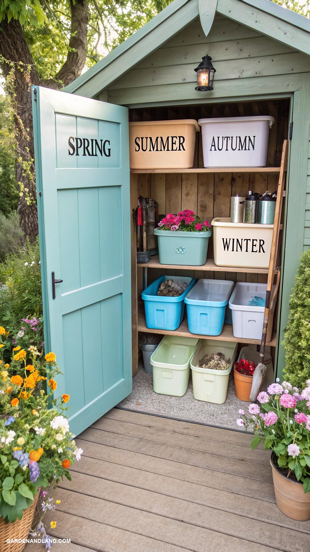 shed organization ideas Color coded bins for seasonal supplies