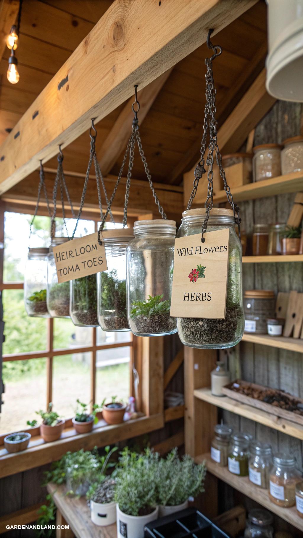 shed organization ideas Hanging jars for garden seed organization
