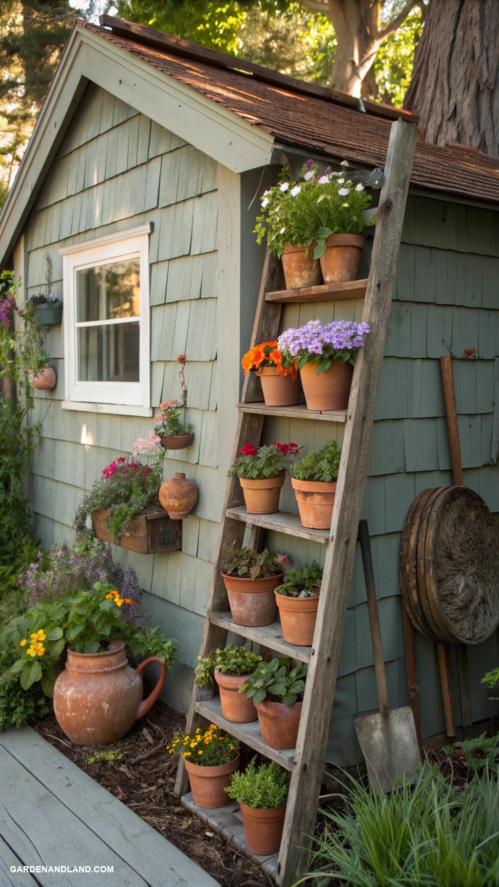 shed organization ideas Ladder shelf for rustic plant display