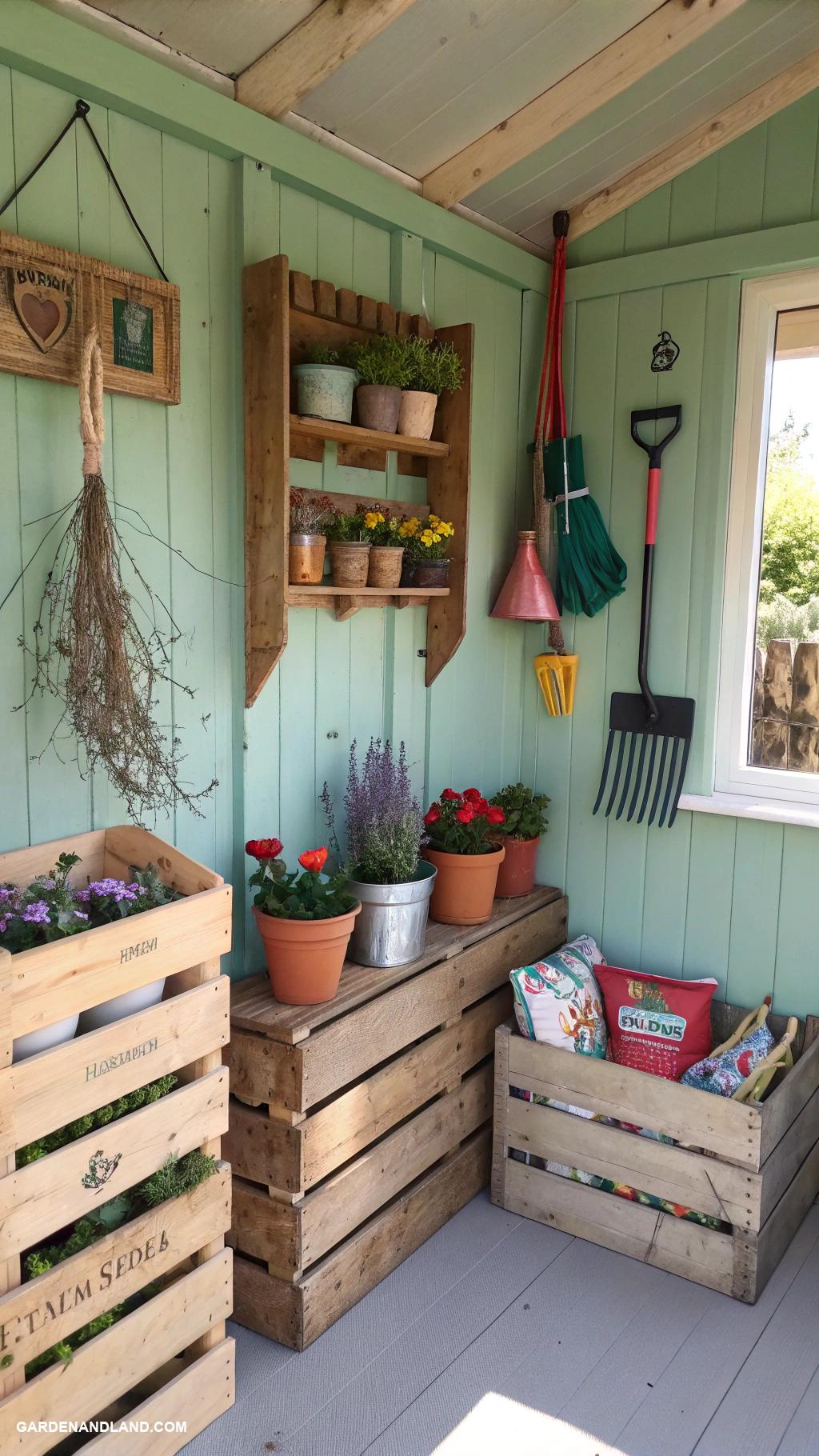 shed organization ideas Repurposed crates for storage and display