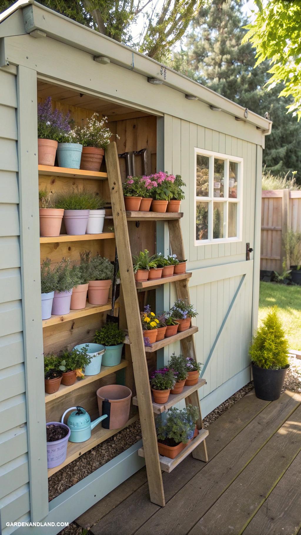 shed organization ideas Vertical gardening shelves for small pots