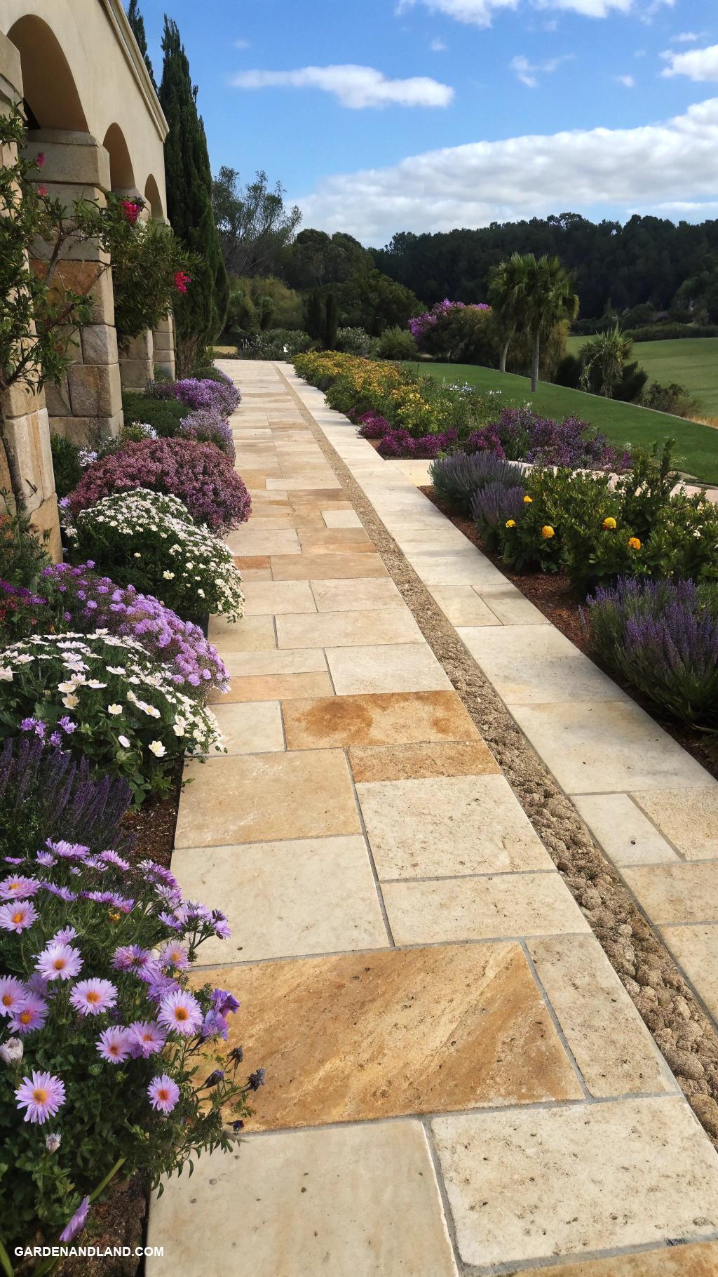 travertine walkways Border paths with low flowering plants