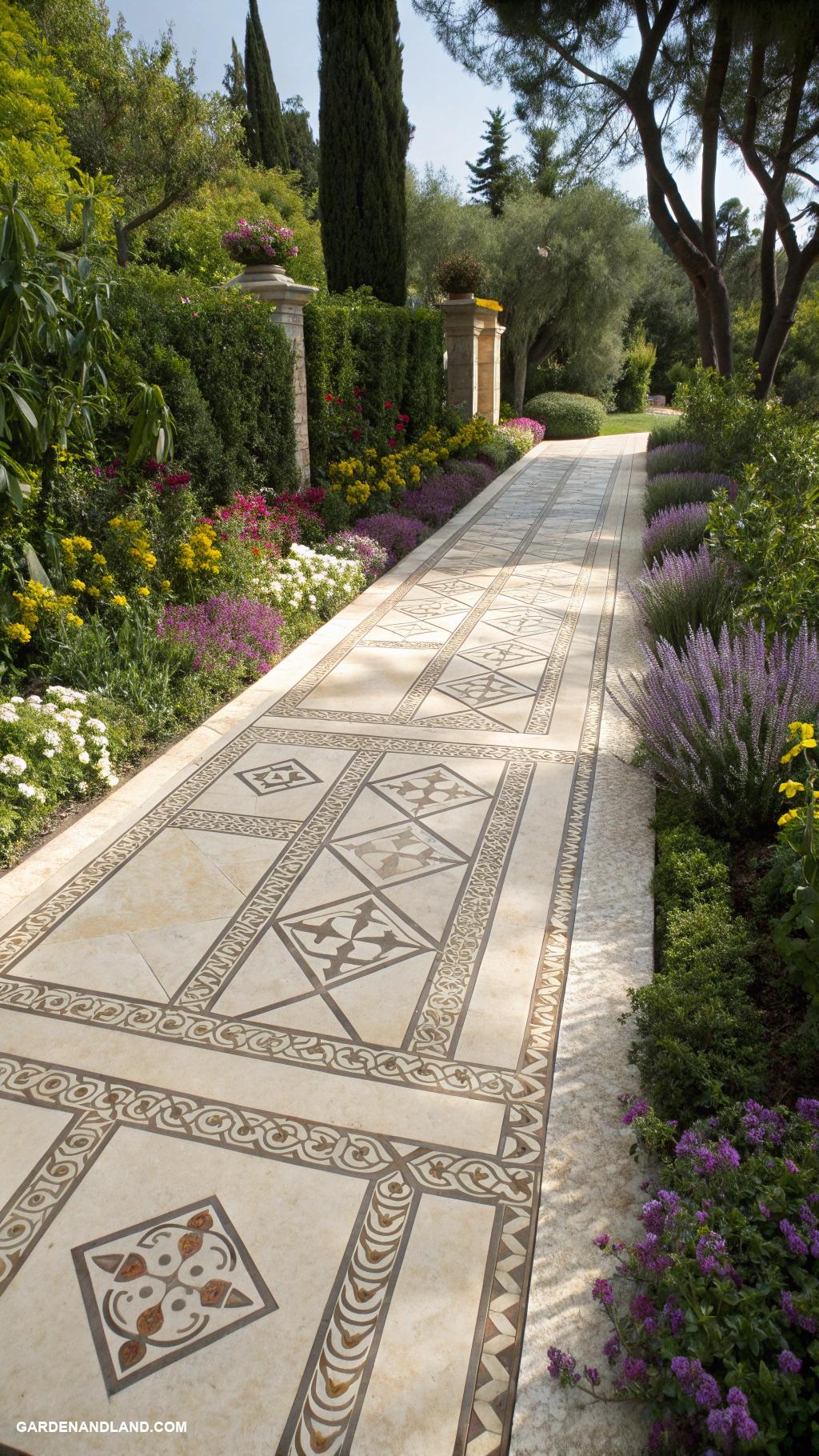 travertine walkways Geometric patterns with contrasting stone colors