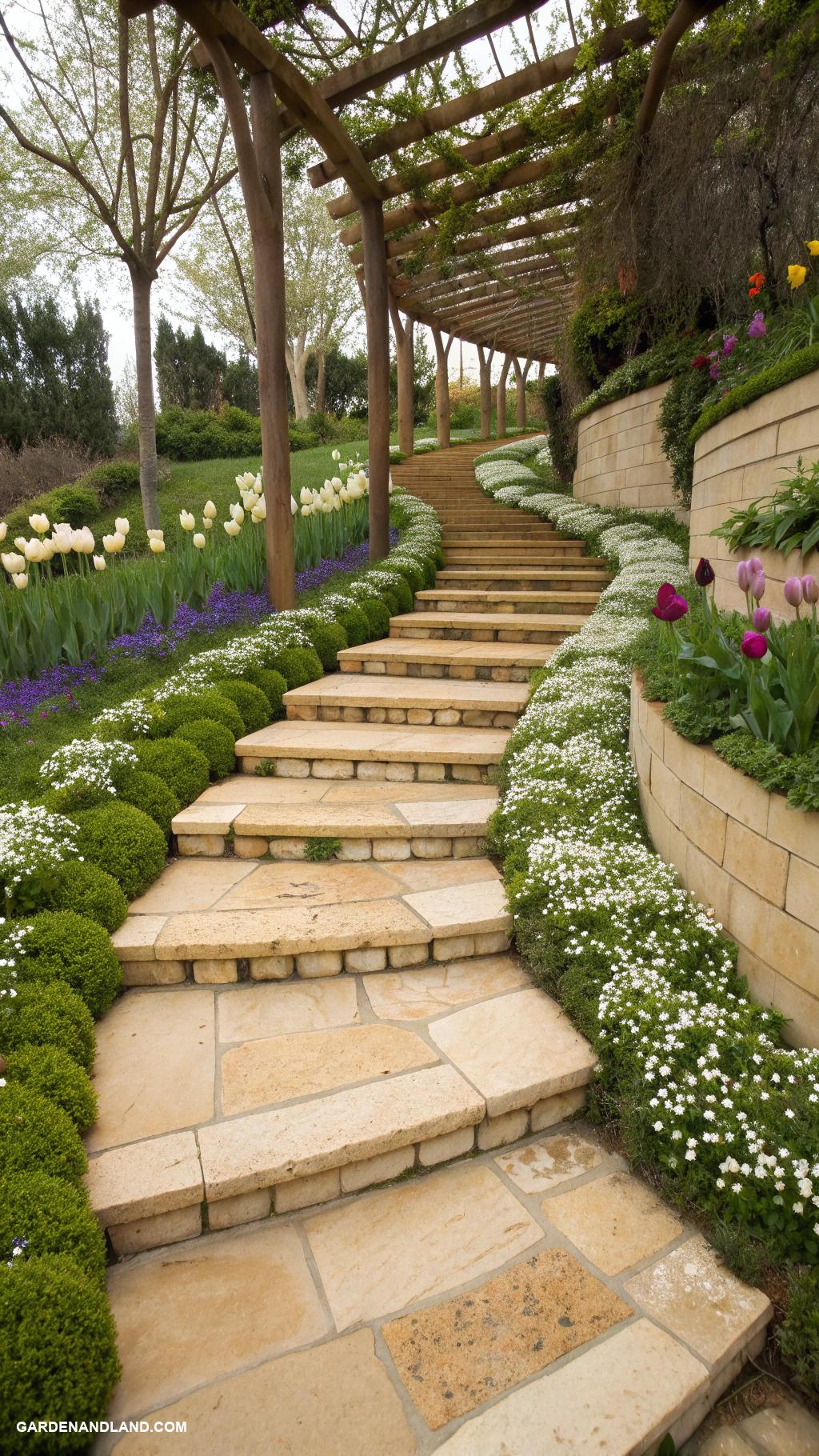 travertine walkways Incorporate steps with varying heights
