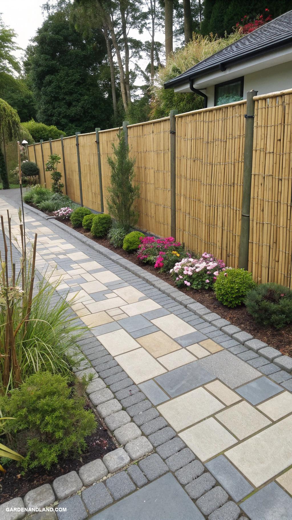 unique driveway designs Bamboo fencing alongside modern tiles