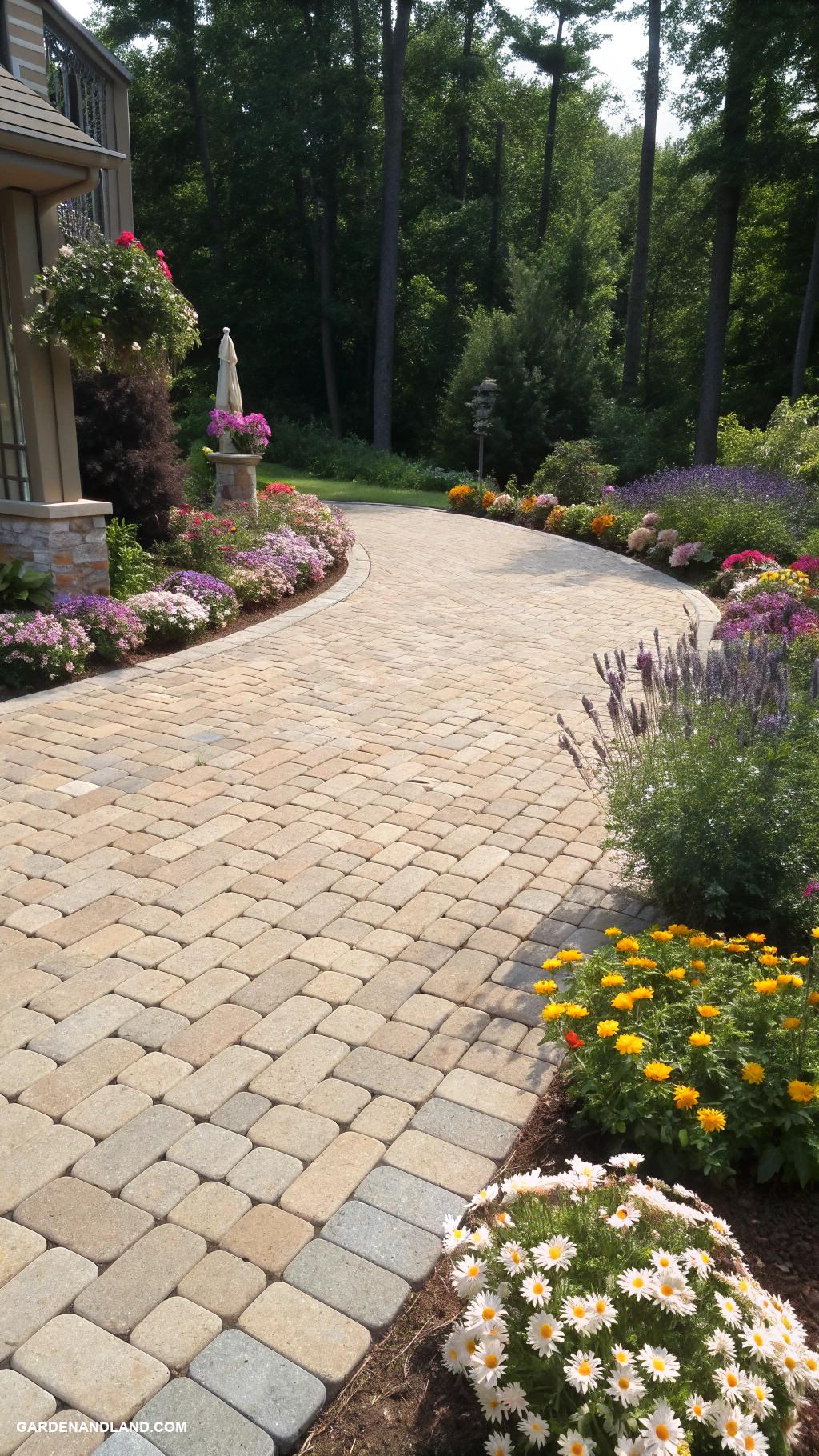 unique driveway designs Cobbled stone with flower bed borders