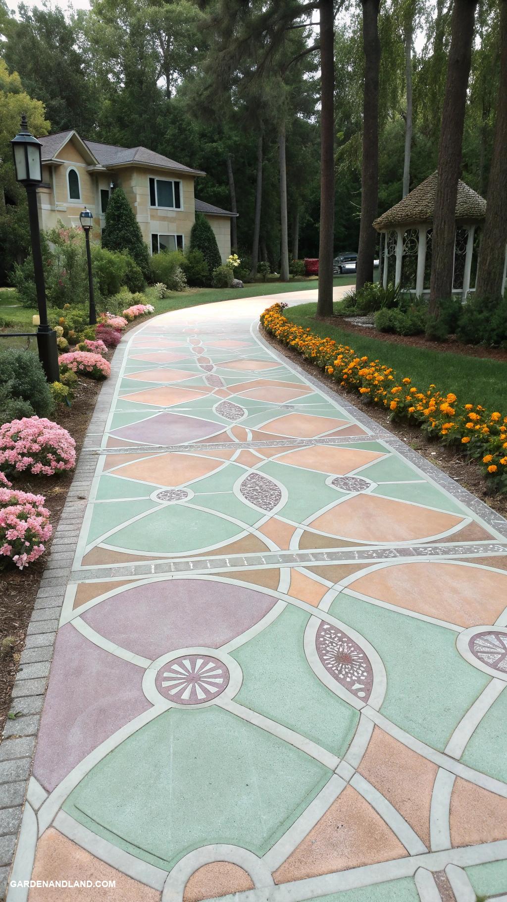 unique driveway designs Colored concrete with geometric designs