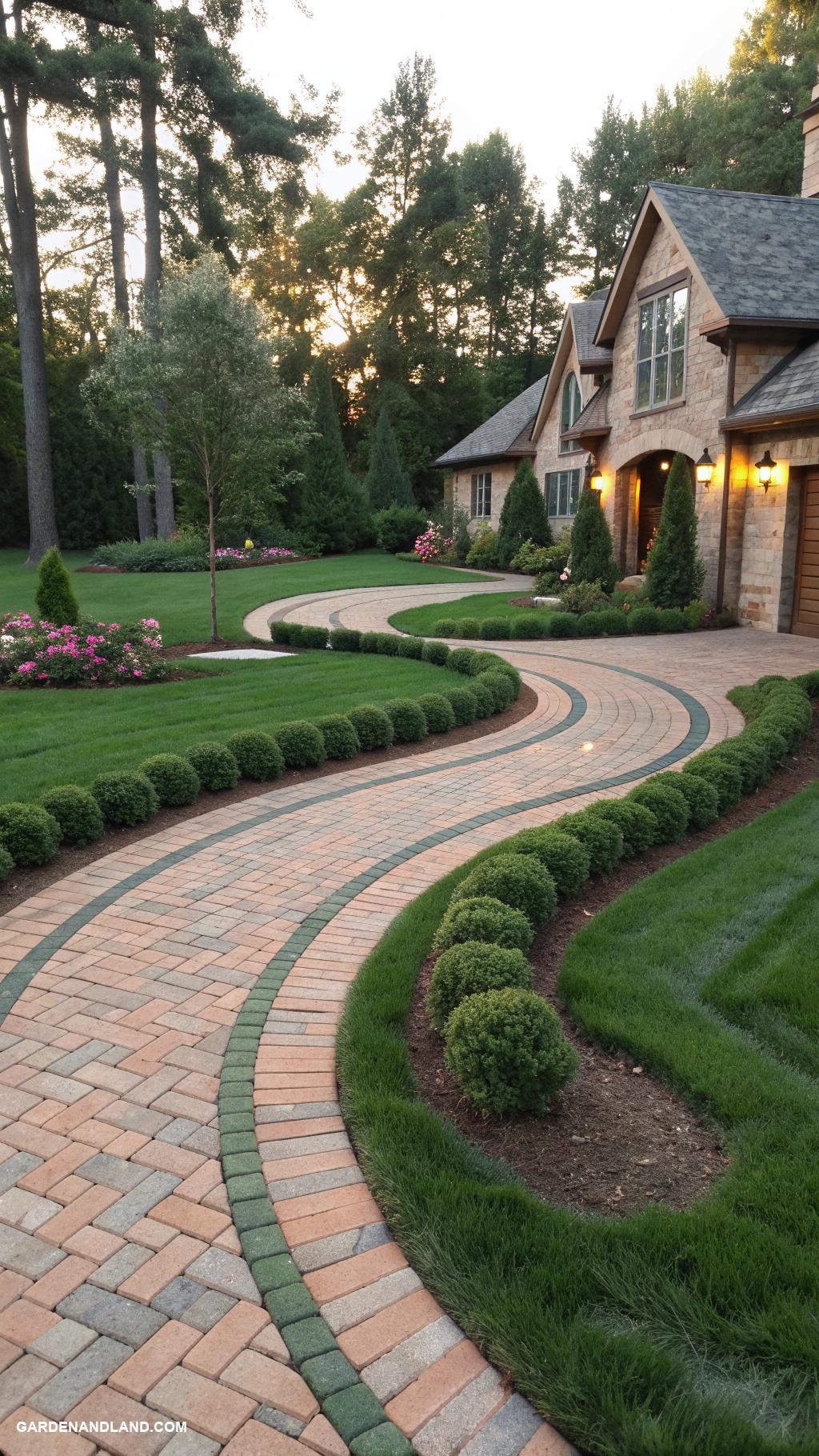 unique driveway designs Curved brick pattern with grass inserts