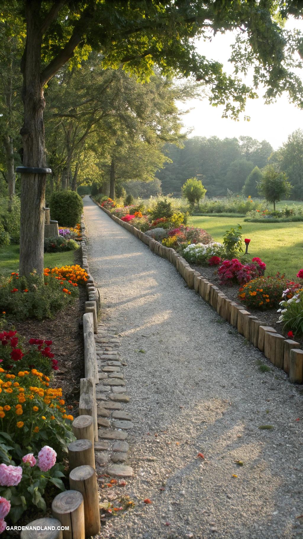 unique driveway designs Gravel pathway with wooden logs