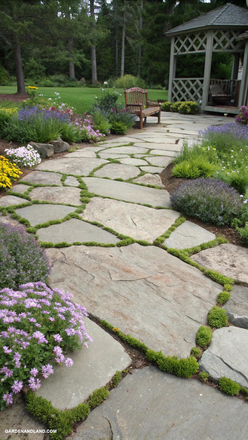 unique driveway designs Natural flagstone with moss accents