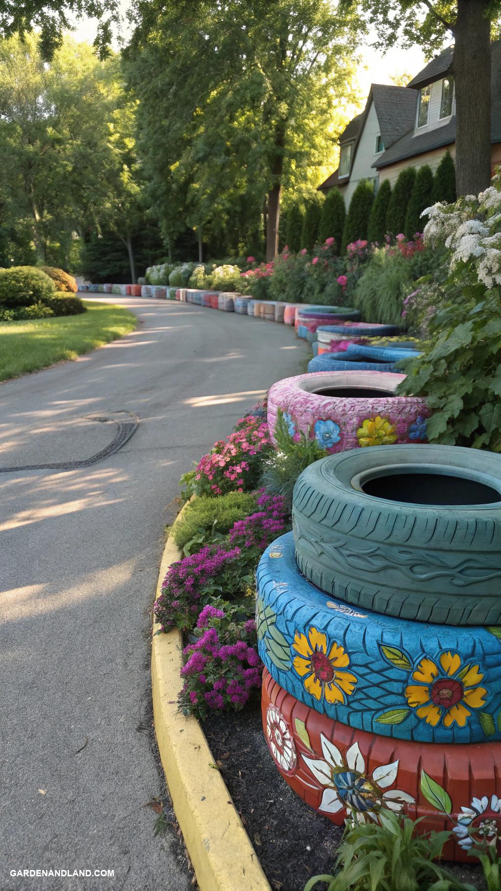 unique driveway designs Recycled tires as decorative borders