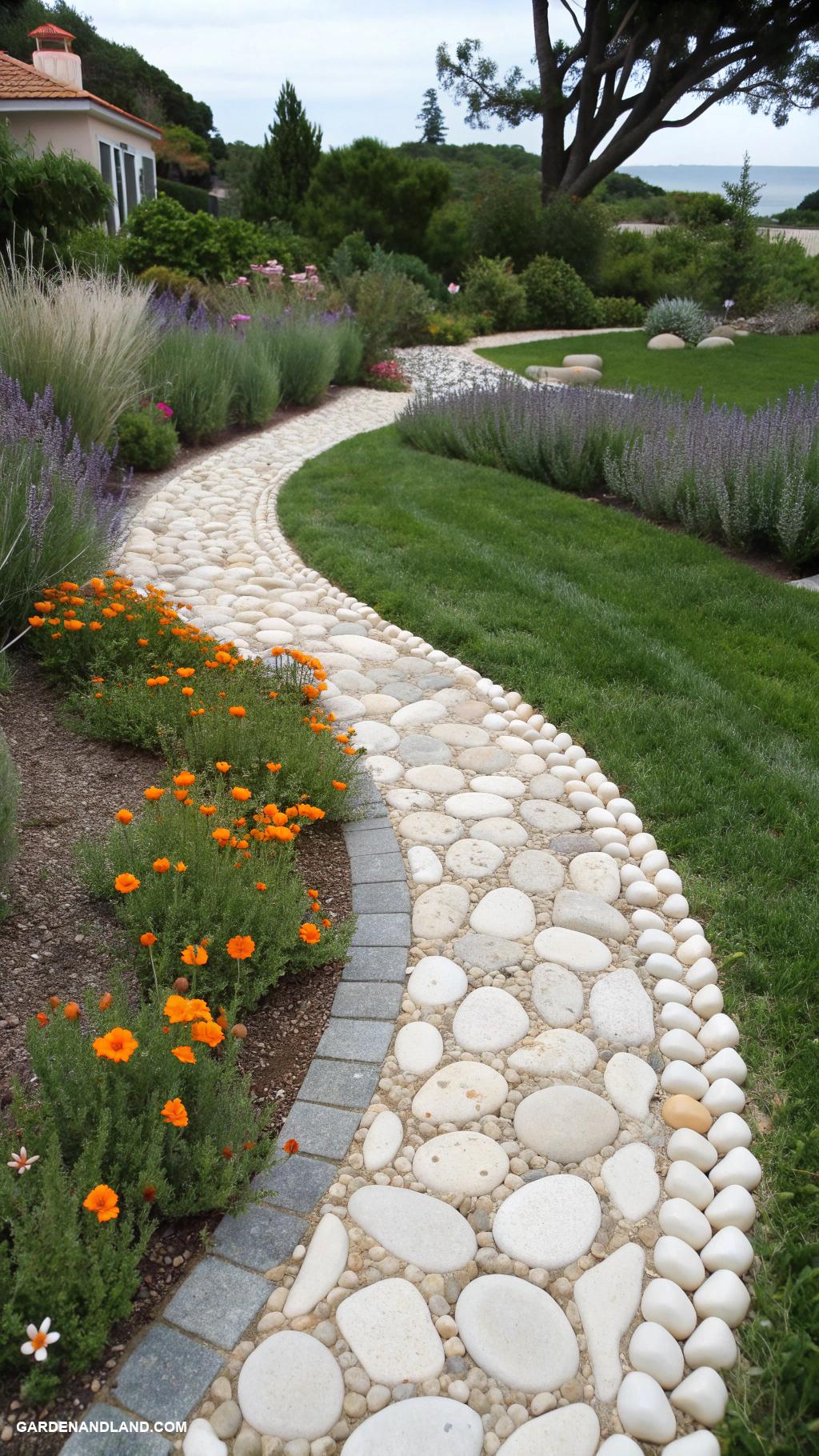 unique driveway designs Shell pathway with native plants