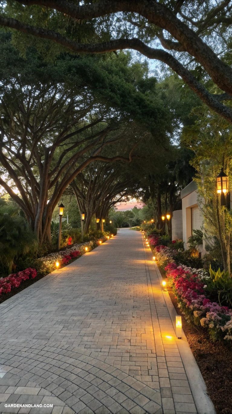 unique driveway designs Tree lined pathway with LED lights