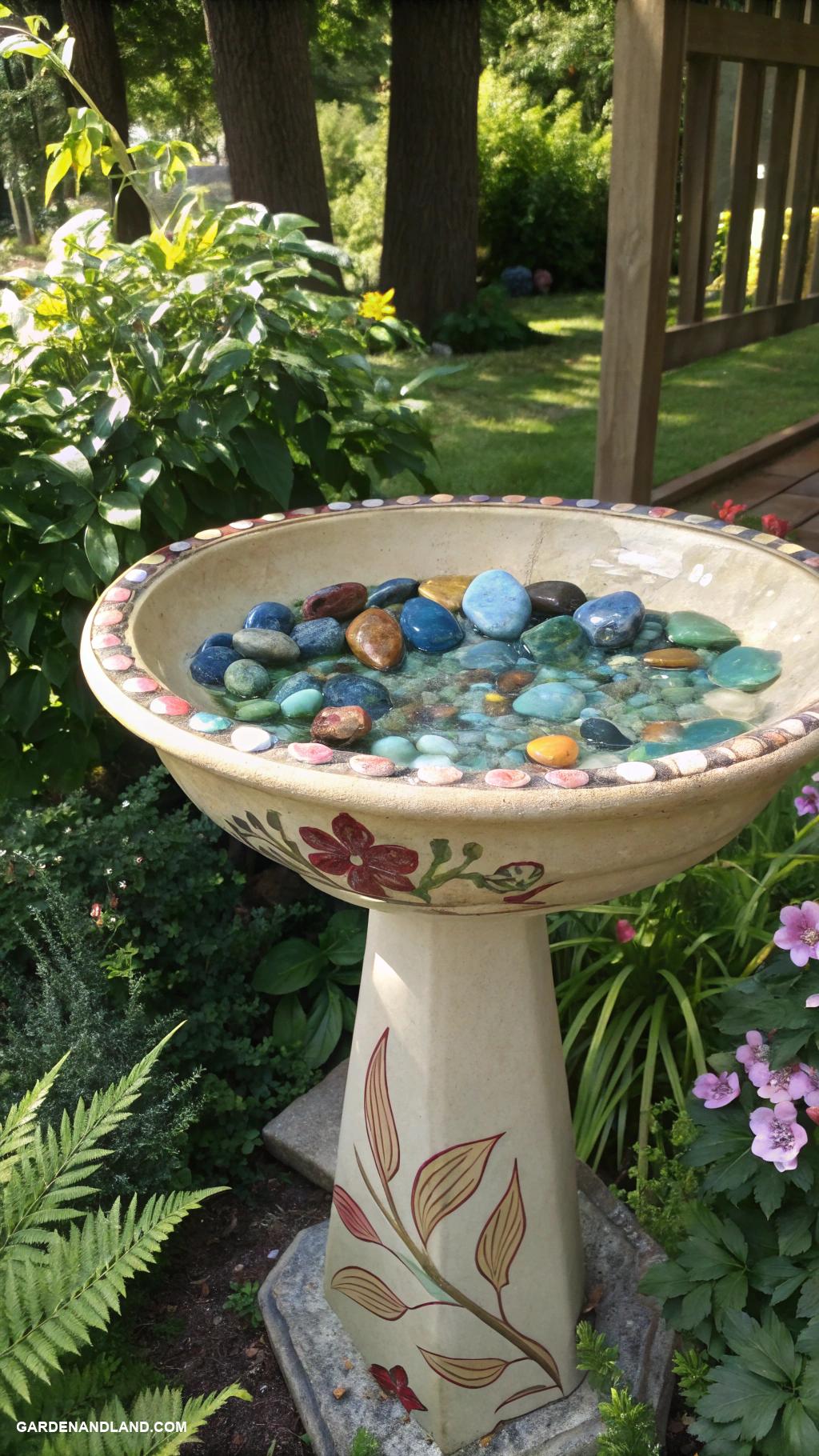 bird bath ideas landscaping Ceramic sink with colorful stones