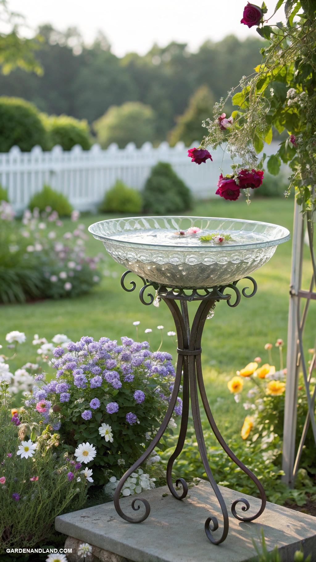 bird bath ideas landscaping Glass bowl on an iron stand