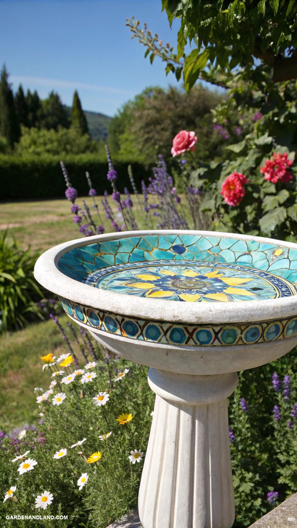 bird bath ideas landscaping Mosaic tile bird bath on a pedestal