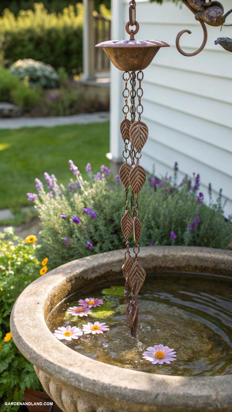 bird bath ideas landscaping Rain chain leading to a basin
