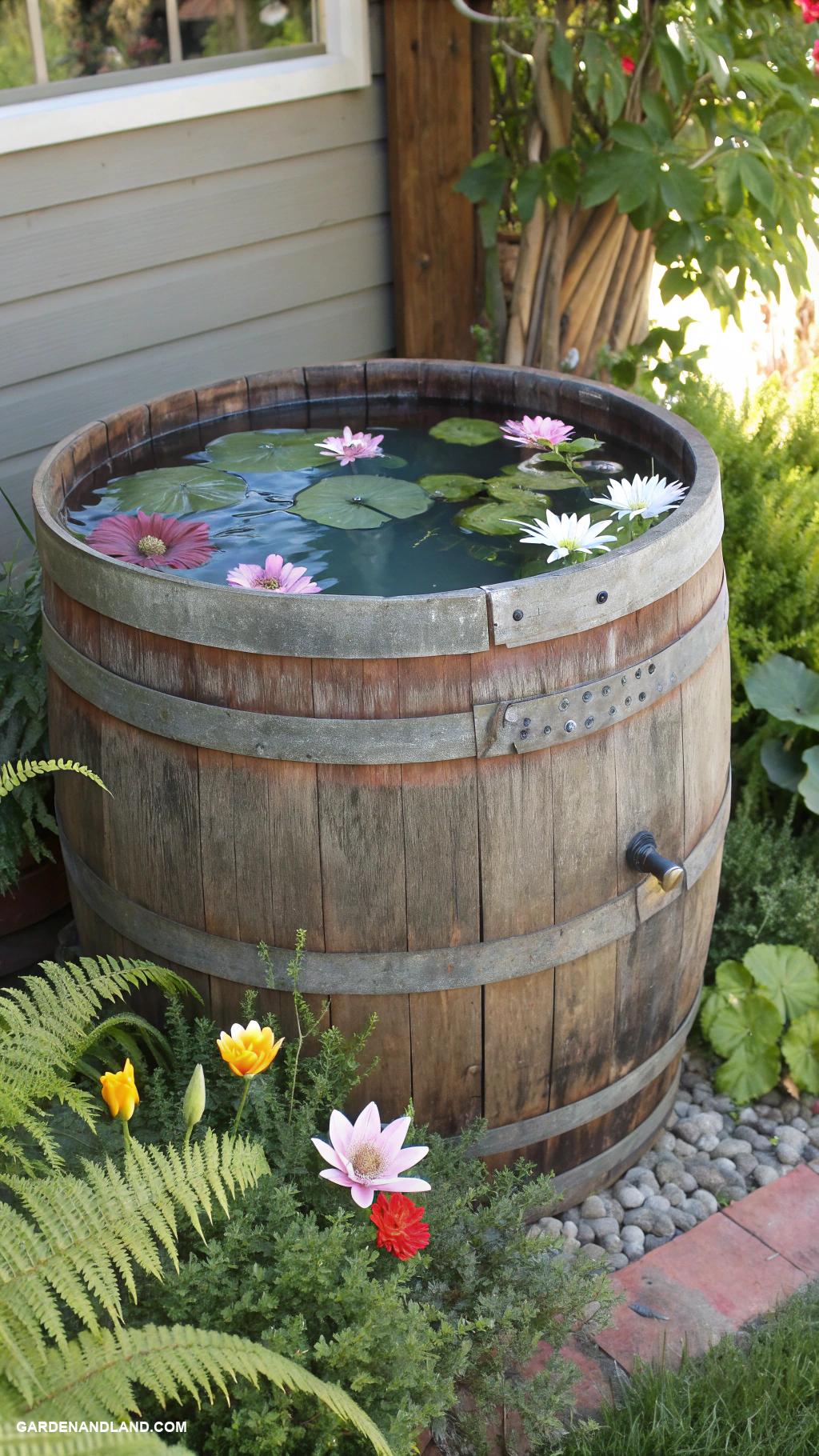 bird bath ideas landscaping Wooden barrel cut in half