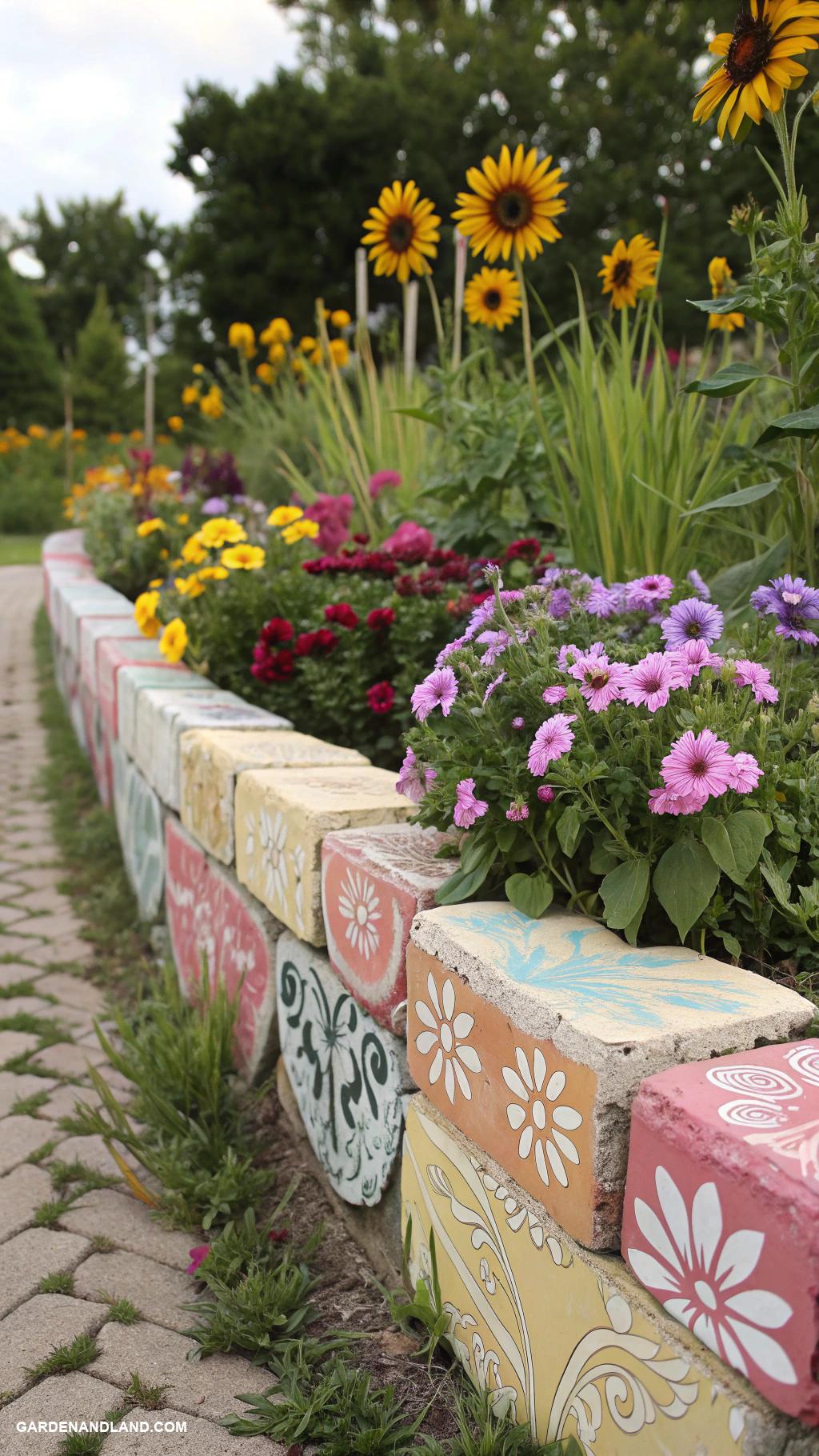 brick flower bed borders Painted bricks for colorful garden accents