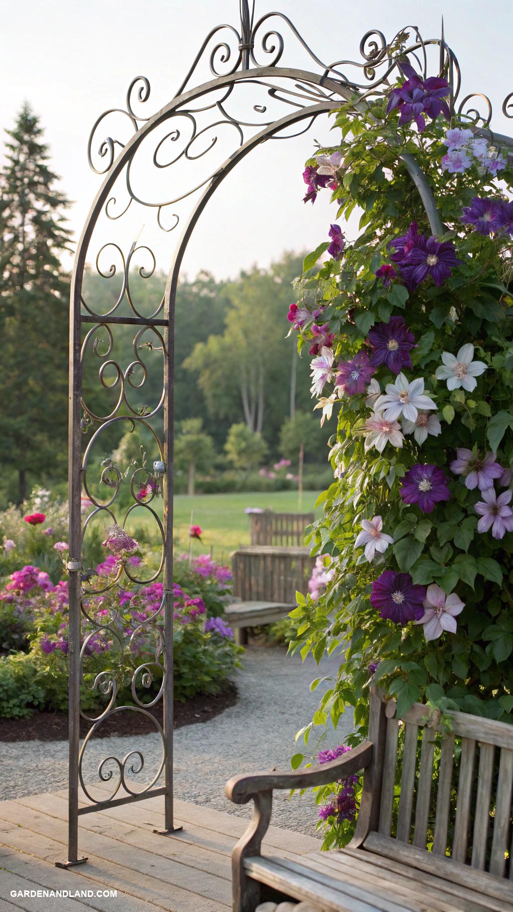 clematis trellis ideas Arched metal trellis with vintage charm