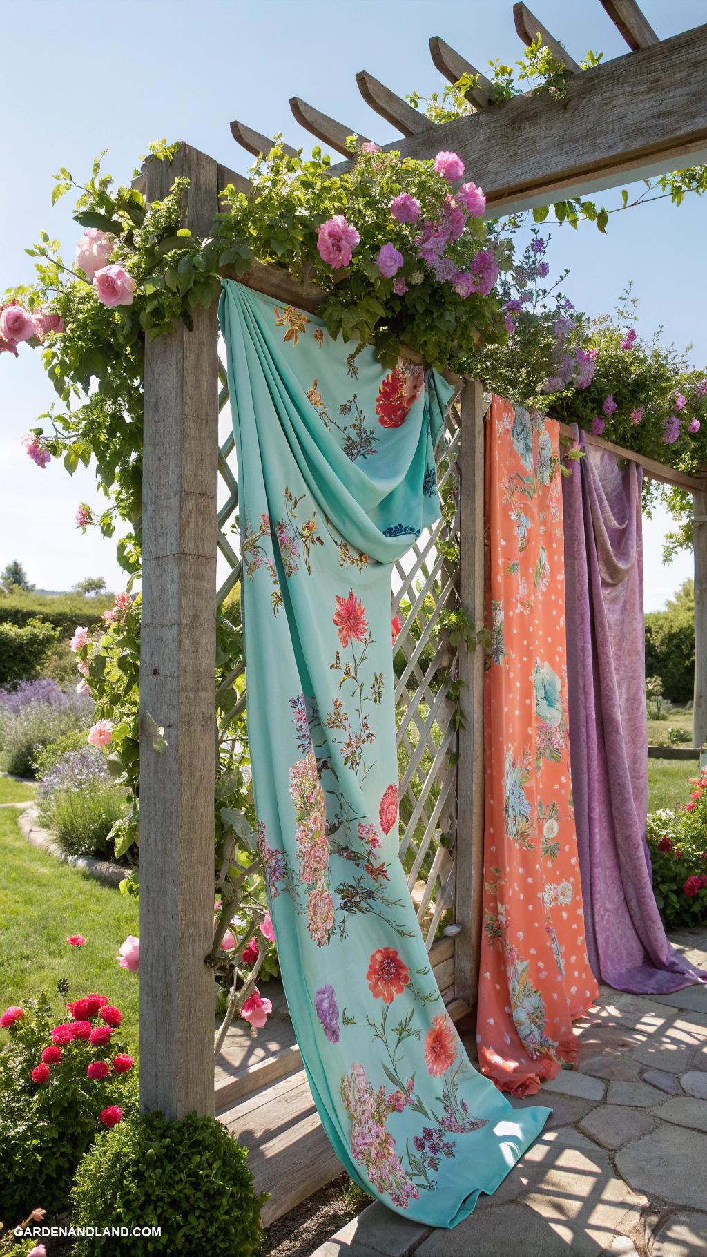 climbing trellis ideas Colorful fabric panels supporting climbing plants