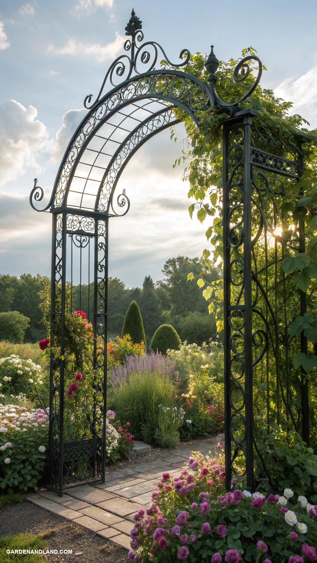 climbing trellis ideas Decorative wrought iron archway with vines