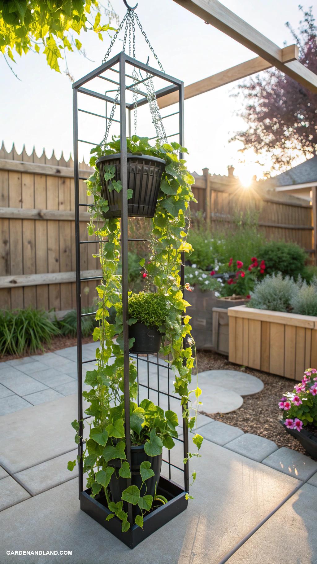 climbing trellis ideas Hanging planters on a metal grid frame