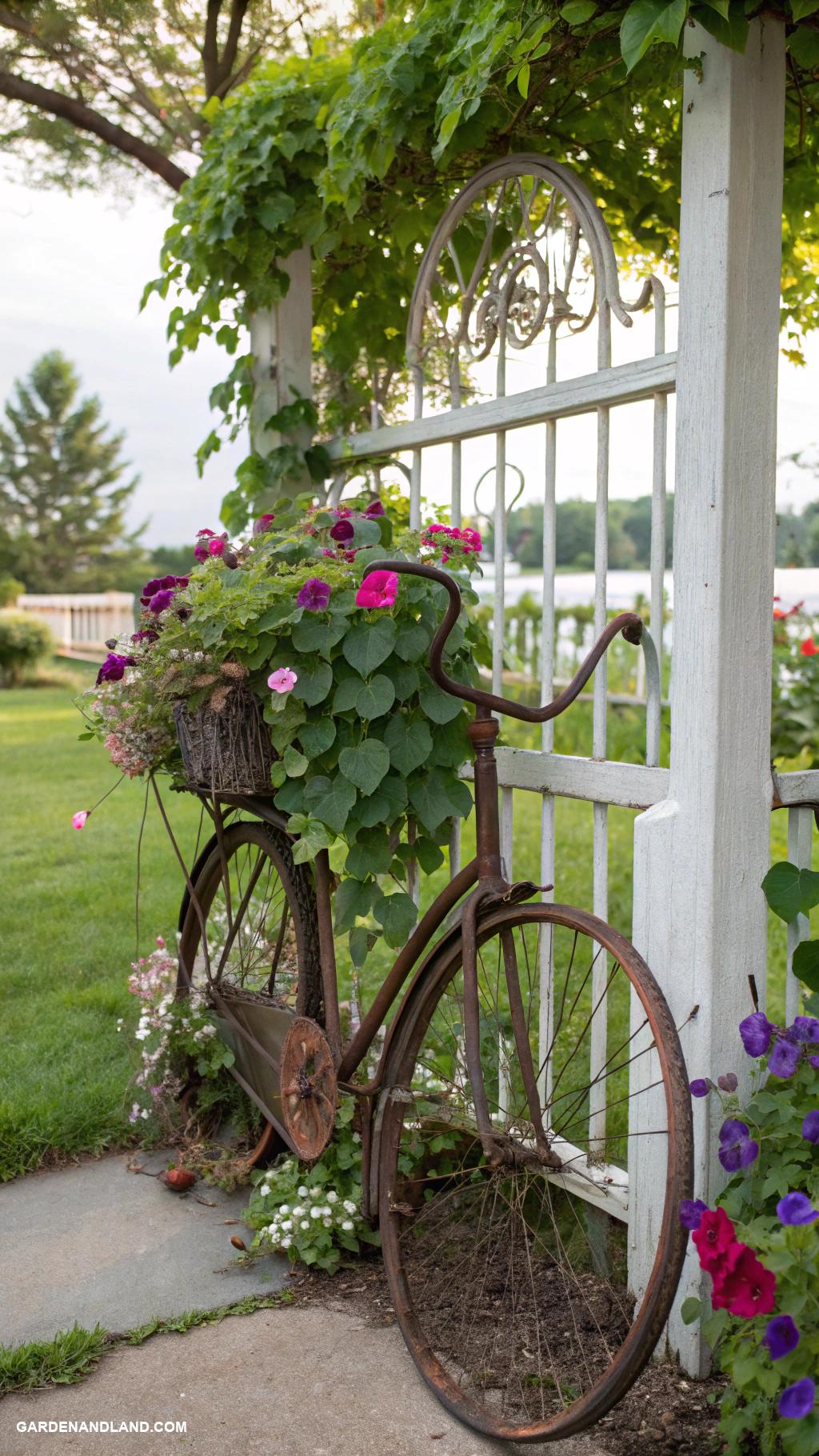 climbing trellis ideas Old bicycle transformed into a planter trellis