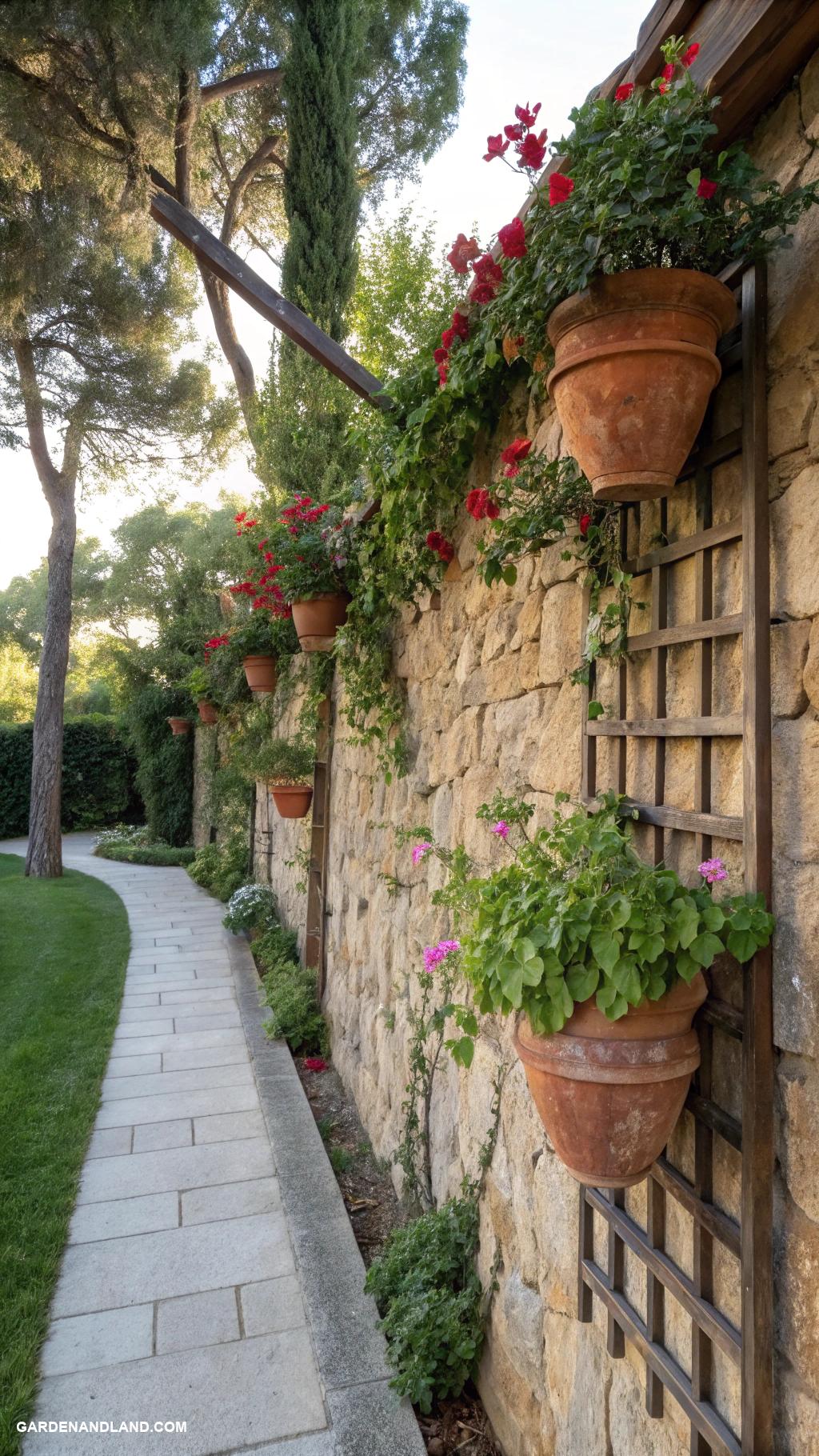 climbing trellis ideas Stone wall embedded with terracotta pots
