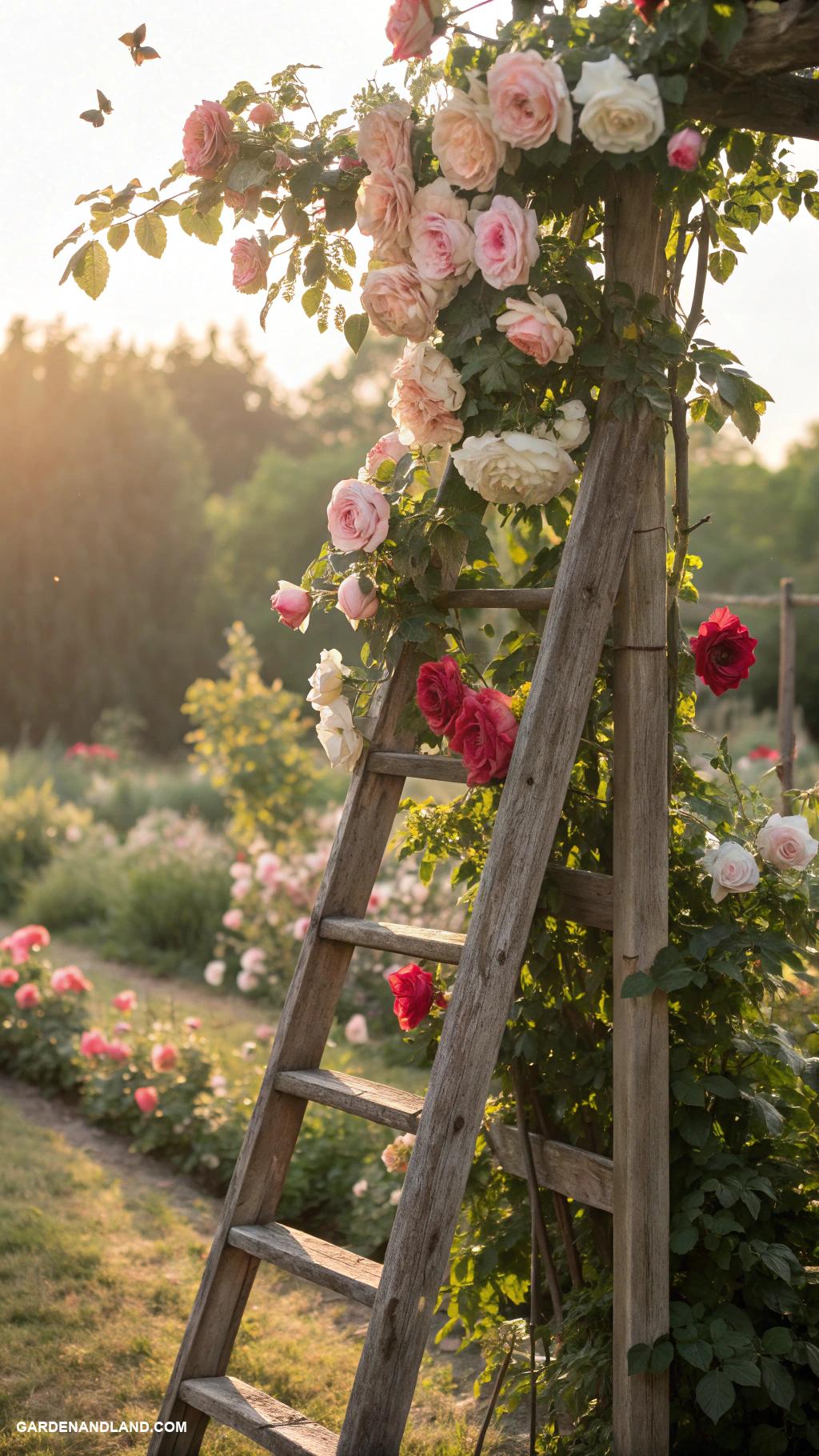 climbing trellis ideas Vintage ladder draped with climbing roses