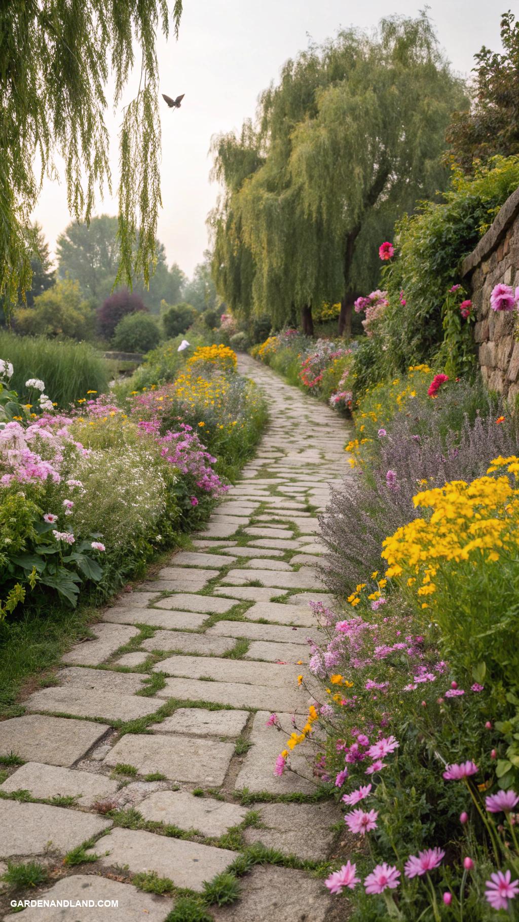 coquette garden Charming stone pathways with wildflowers