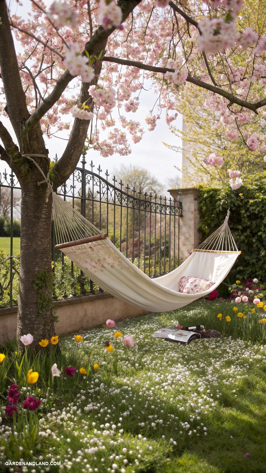 coquette garden Cozy hammock under blooming trees