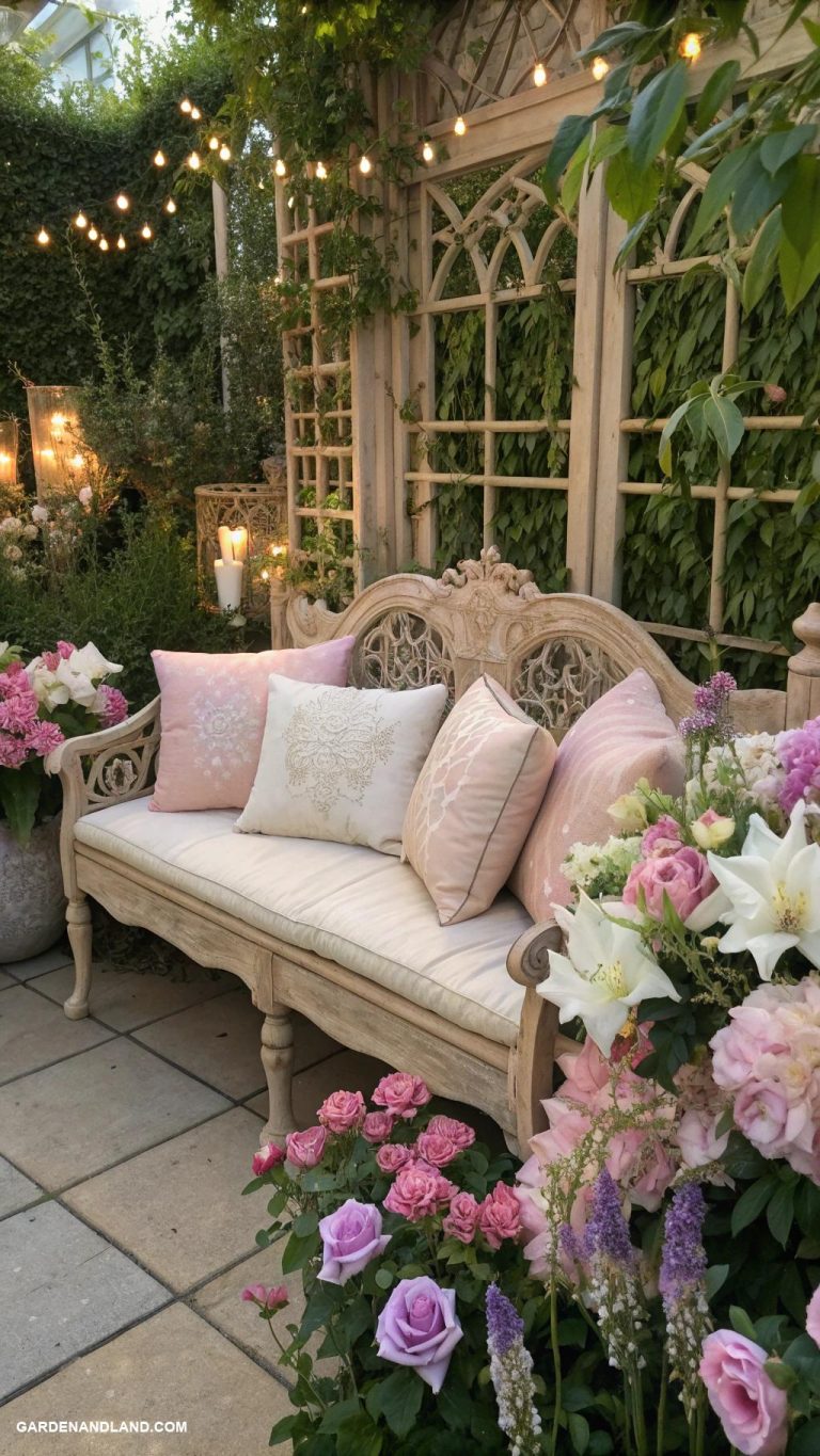 coquette garden Elegant garden bench with pillows
