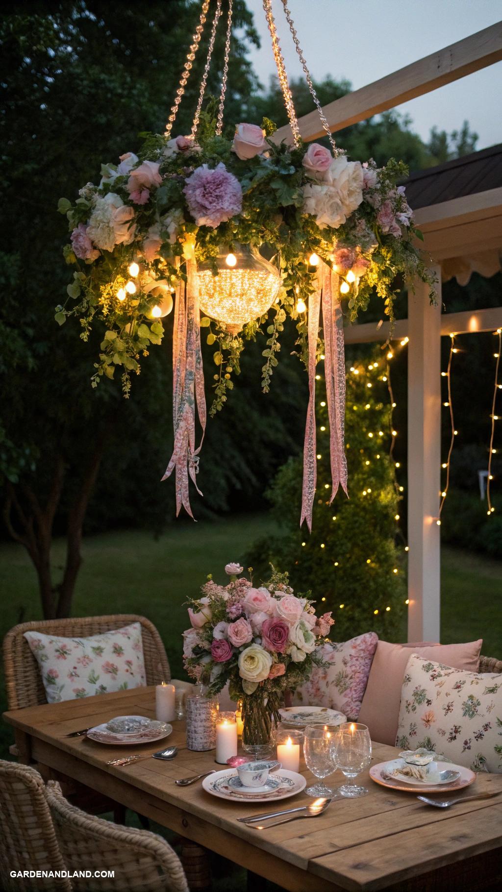 coquette garden Hanging floral chandelier above patio