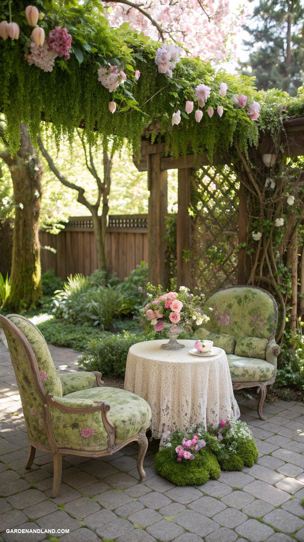 coquette garden Lush moss covered seating area