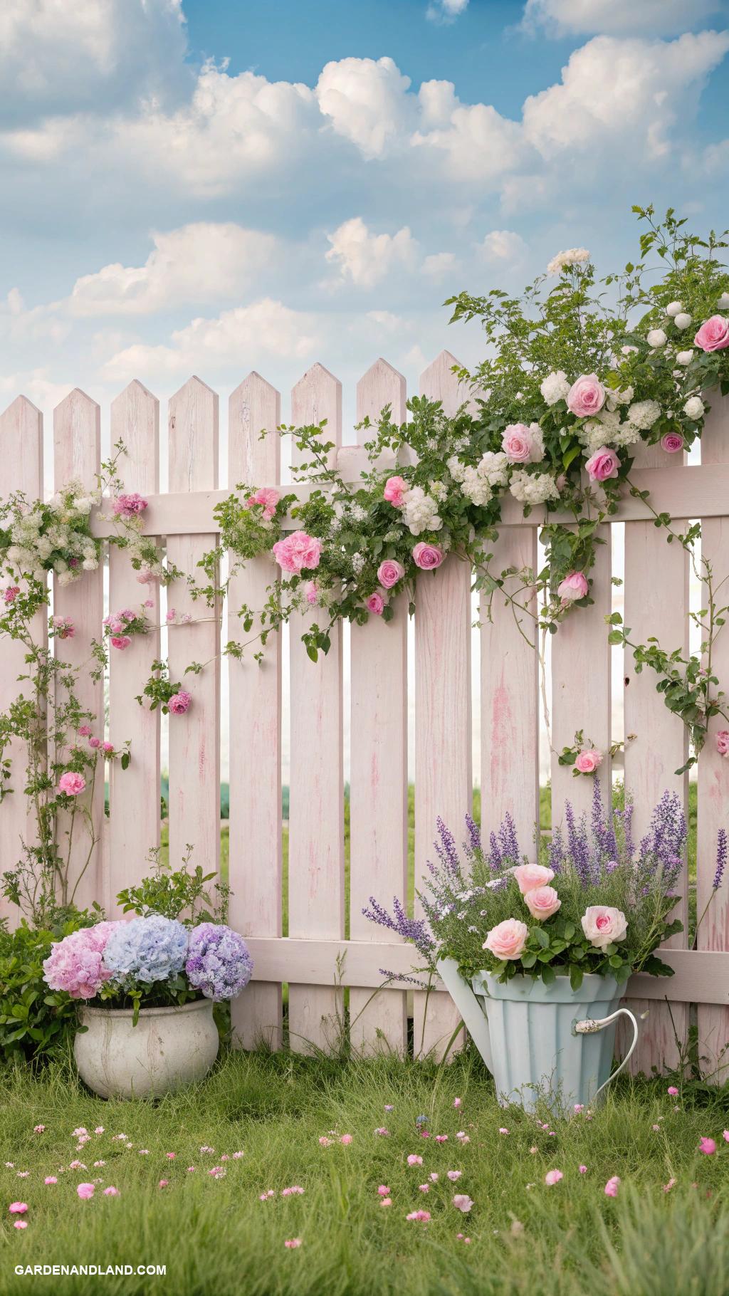 coquette garden Pastel colored painted wooden fence