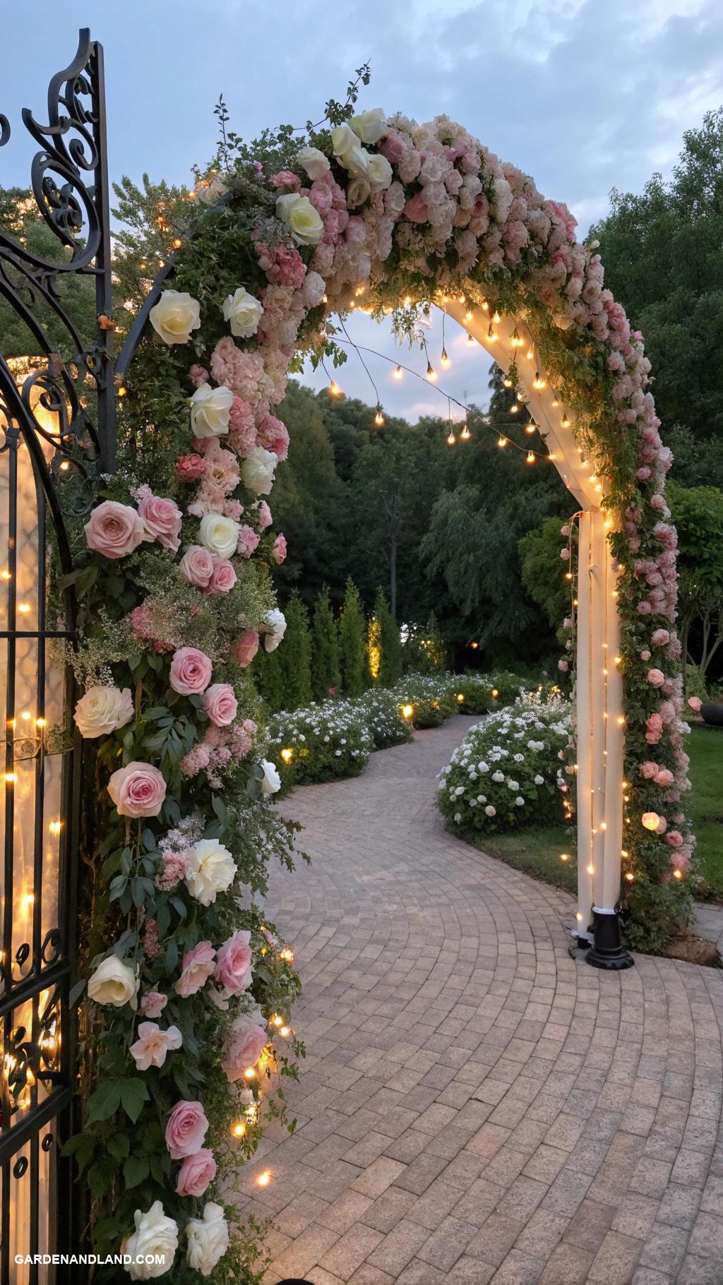 coquette garden Romantic rose archway with string lights