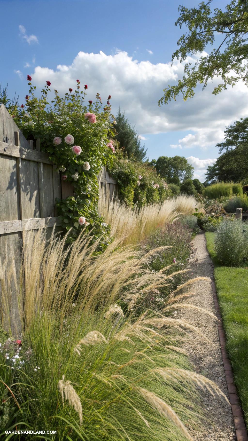 cottage garden Edge beds with ornamental grasses for softness