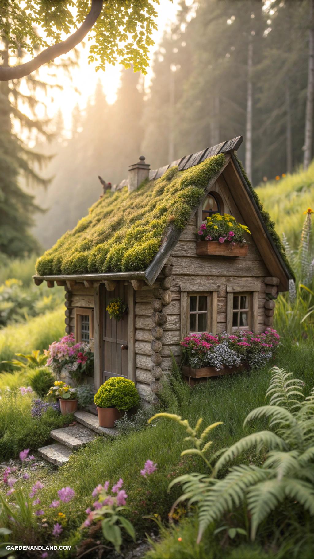 diy fairy house Miniature log cabin with moss roof