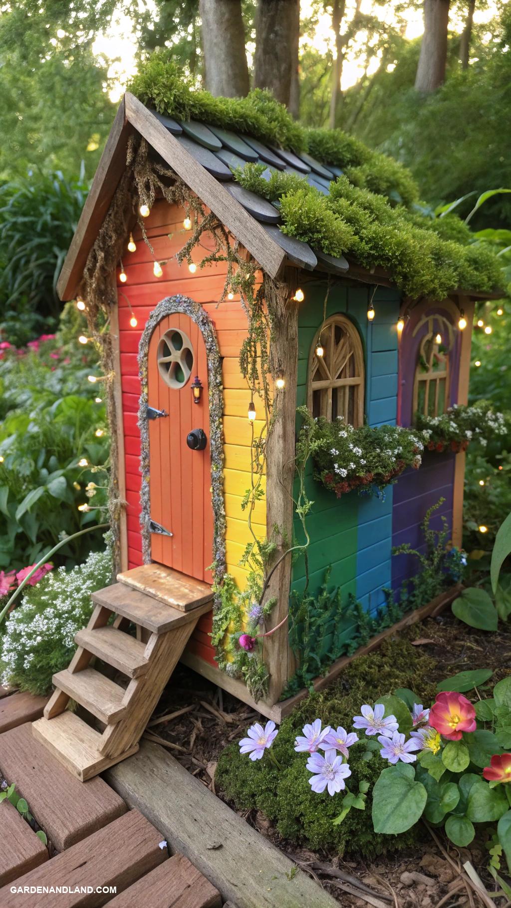 diy fairy house Rainbow painted crate fairy residence