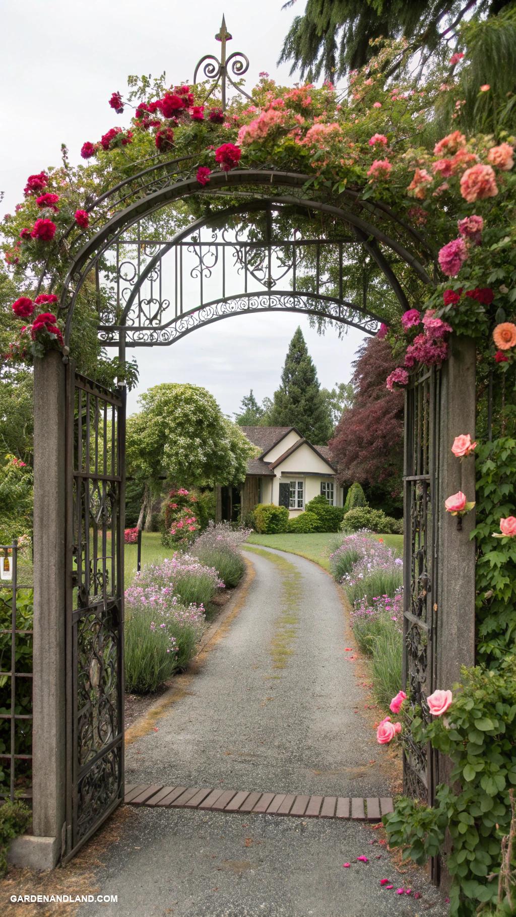 driveway entrance gate ideas Gated archway with blooming trellises