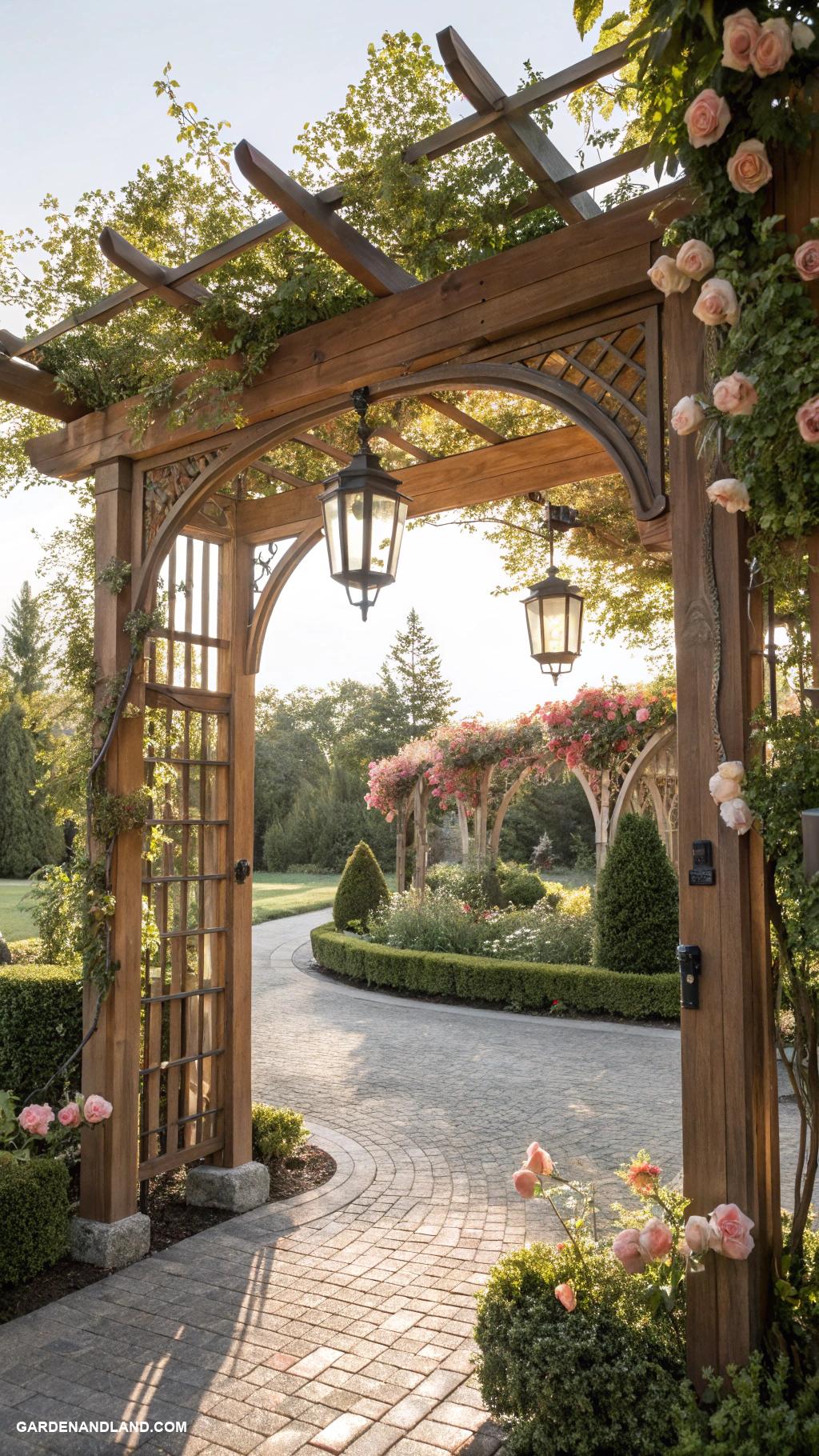 driveway entrance gate ideas Pergola style gate with hanging lights