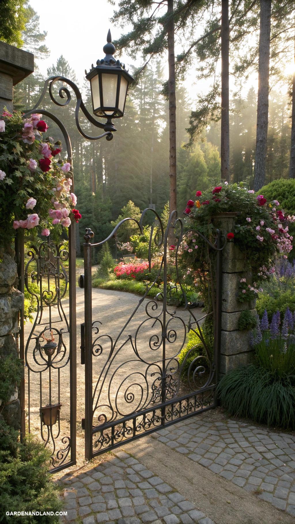 driveway entrance gate ideas Rustic wrought iron with lantern accents