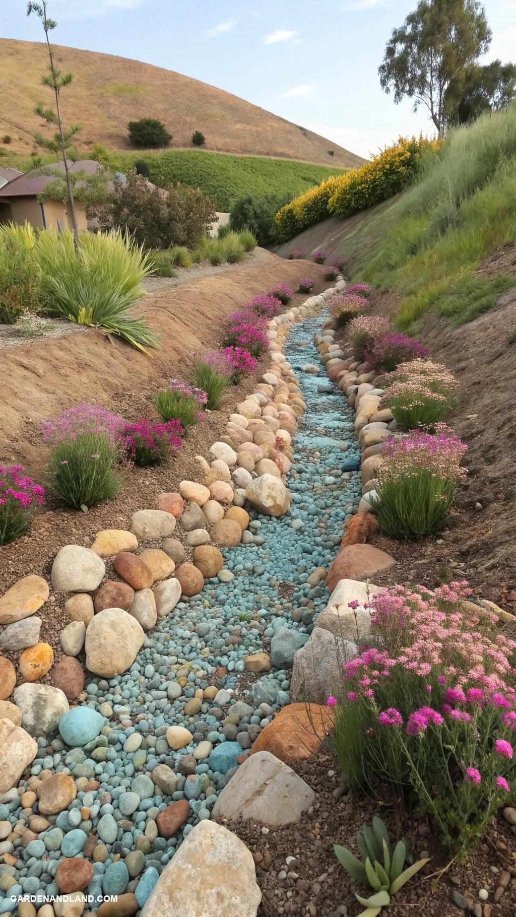dry creek bed Add colorful river rocks for contrast